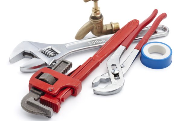 various type of plumbing tools on white background